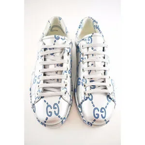 Gucci | Shoes | Gucci Mens New Ace Silver Blue Ghost Gg Logo